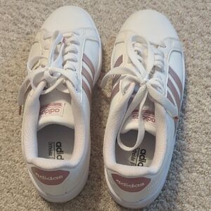 Adidas White Sneakers with Pink Stripes